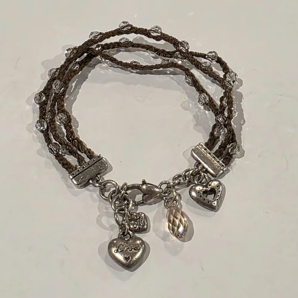 Brighton Brown Braided Beaded Silver Heart Charm Bracelet